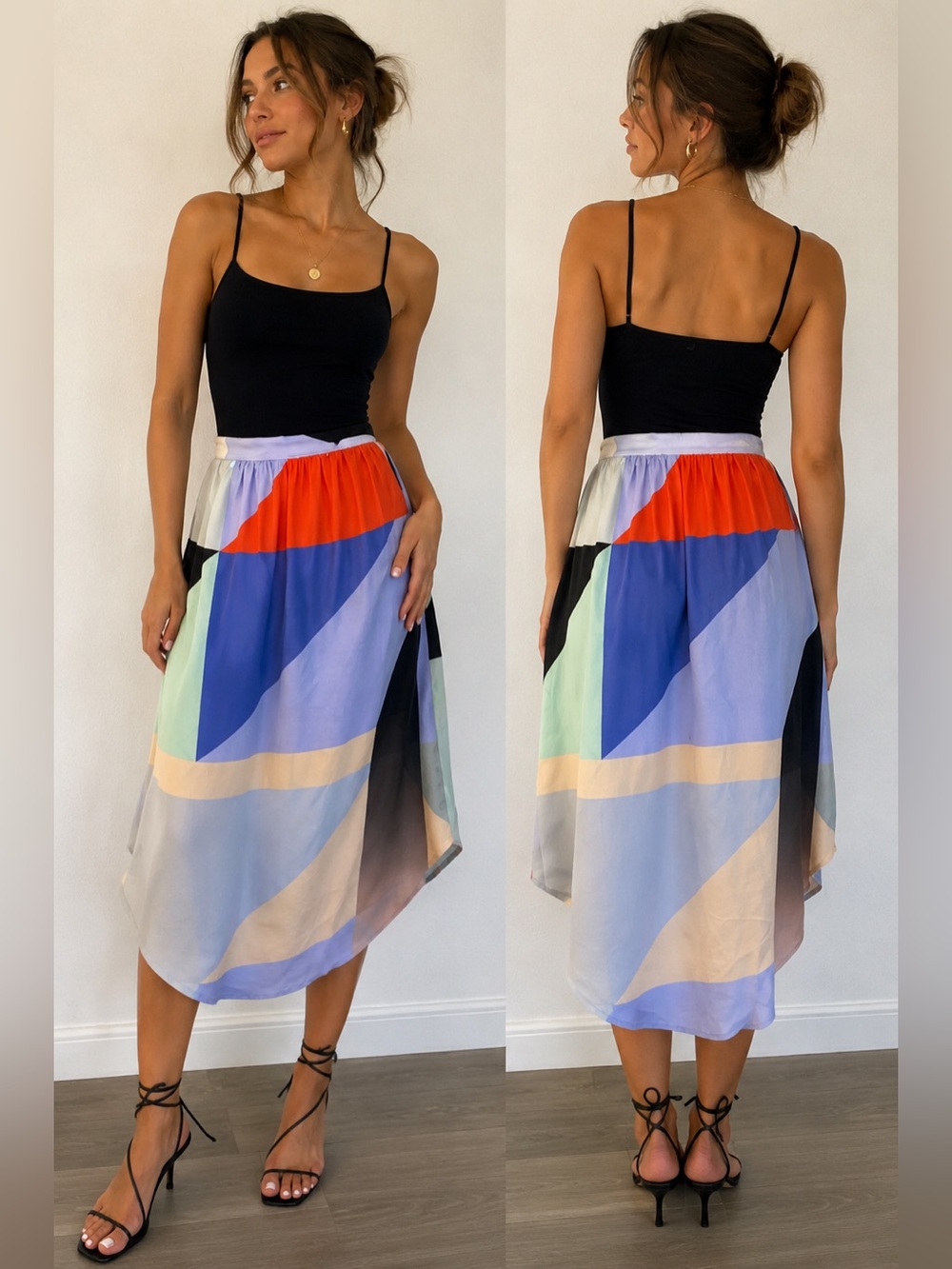 Myne Asymmetrical silk Skirt with Geometric Pattern